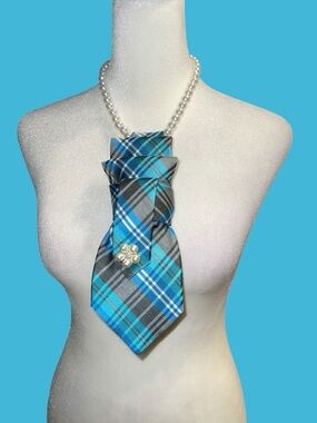 Blue Plaid Necktie Pearl-Accent Necklace